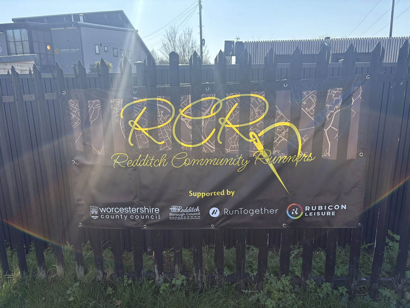 Redditch Community Runners banner at Arrow valley lake, Redditch